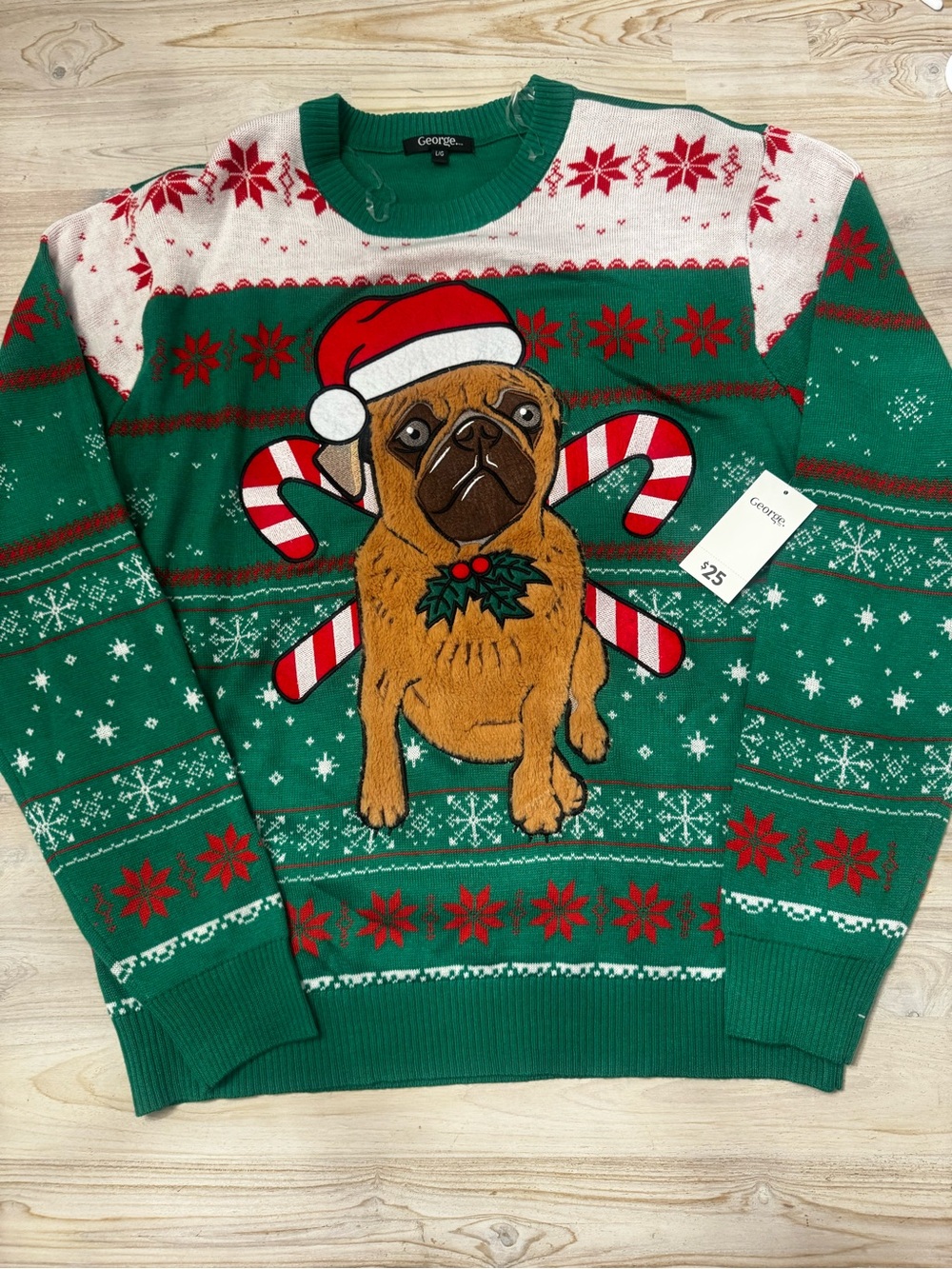 George Green Pug Christmas Crewneck Sweater with Red & White Accents
